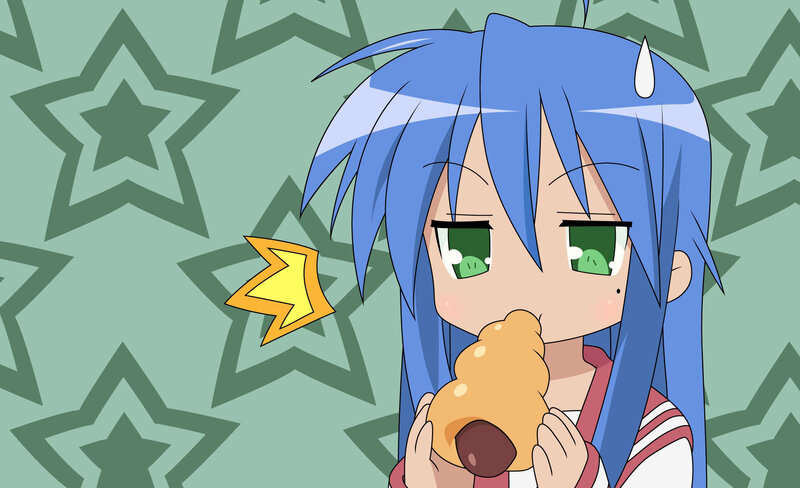 blue-haired girl eating pastry