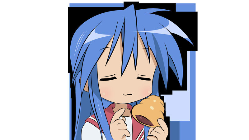 blue-haired girl eating pastry