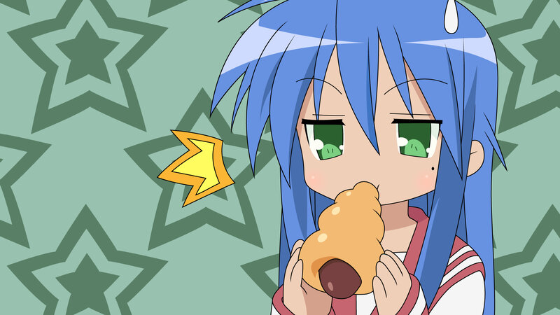 blue-haired girl eating pastry