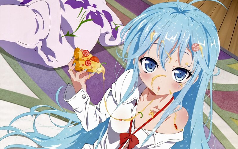 blue-haired girl eating pizza