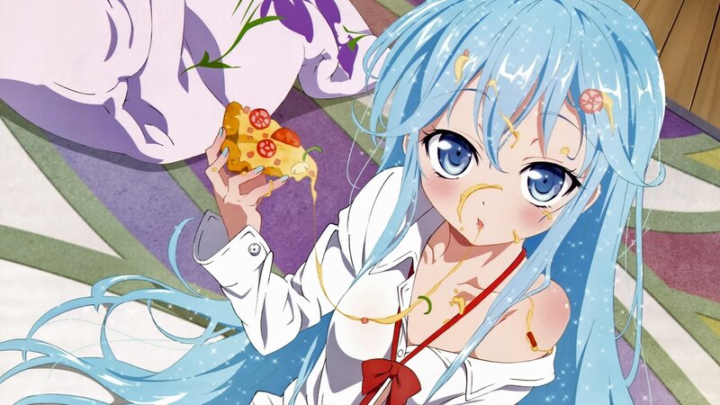Blue-haired Girl Eating Pizza — Blue, Playful, Anime, Cheese