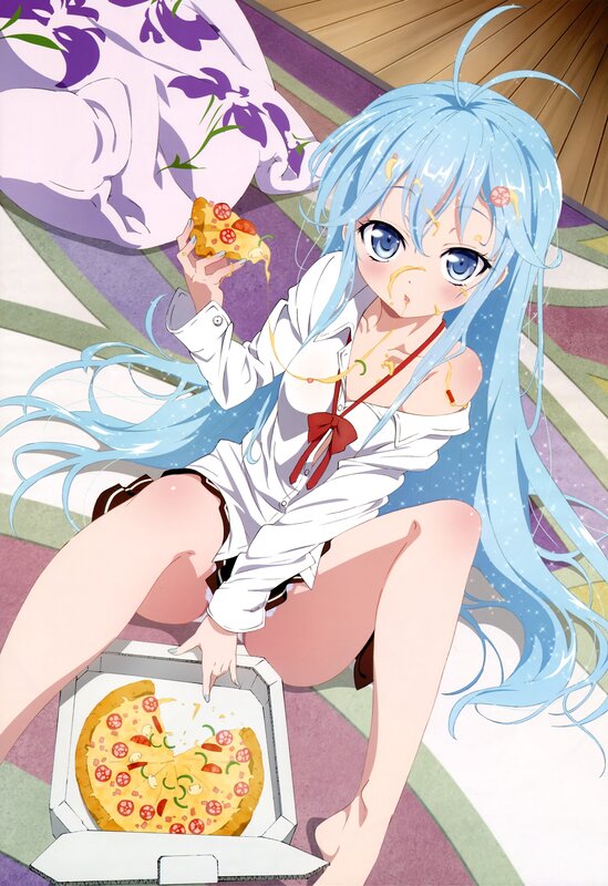 Blue-haired Girl Eating Pizza — Blue, Playful, Anime, Pillow, Box