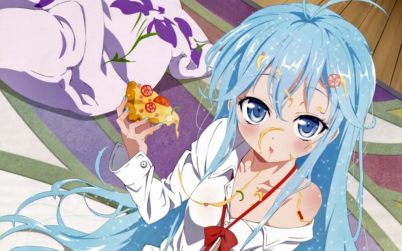 Blue-haired Girl Eating Pizza — Blue, Playful, Anime
