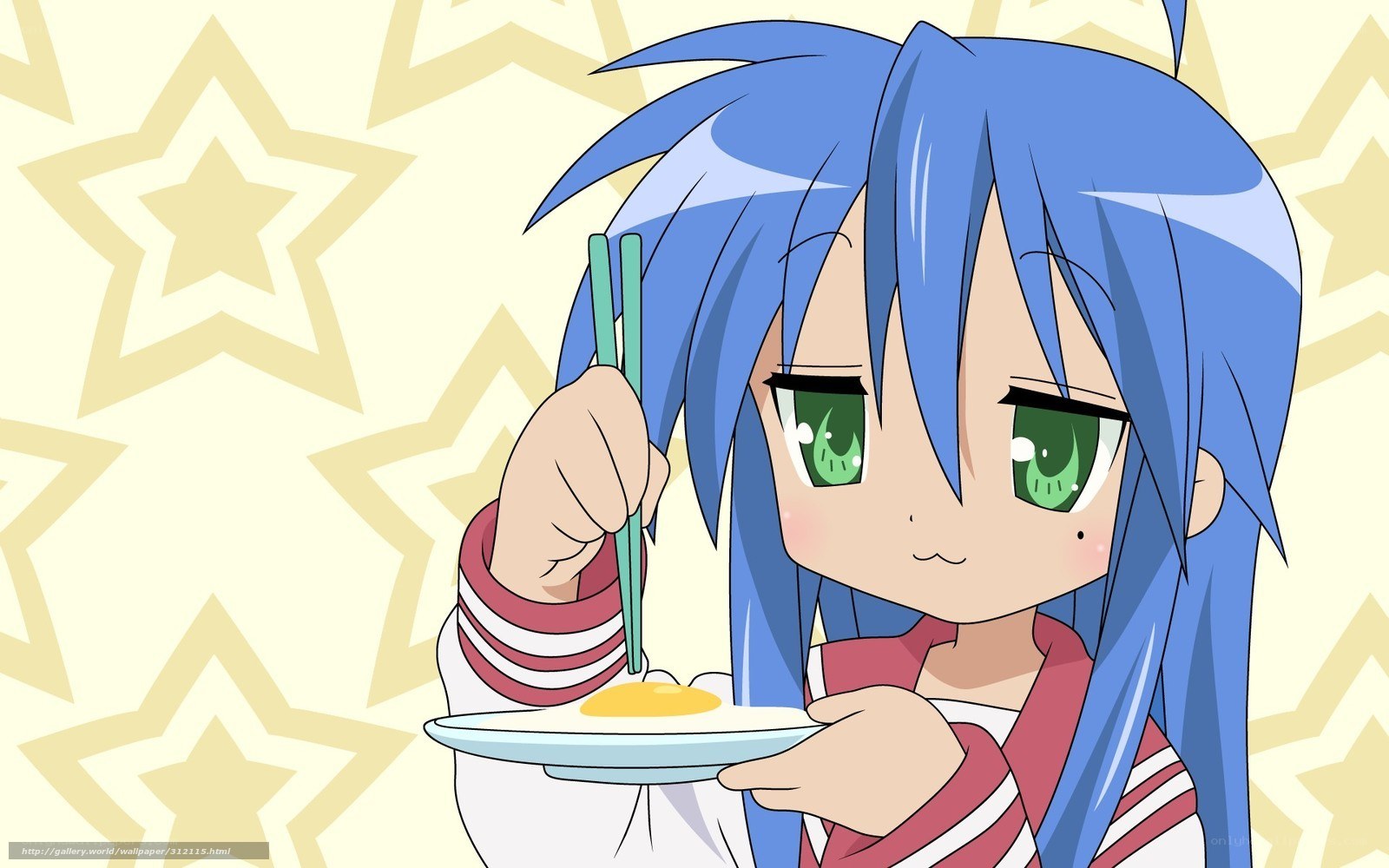 blue-haired girl eating with chopsticks