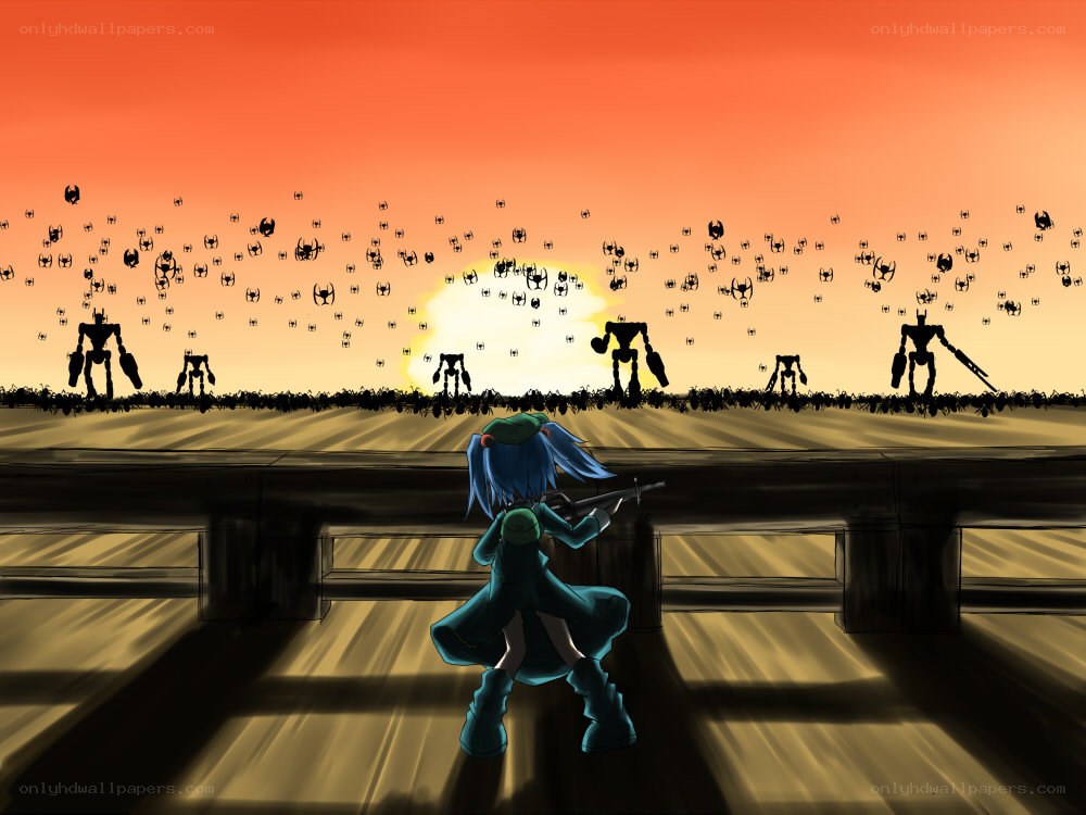 Blue-haired girl facing army