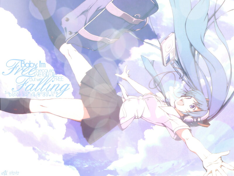 Blue-haired Girl Falling — Blue, Dreamy, Anime, Clouds