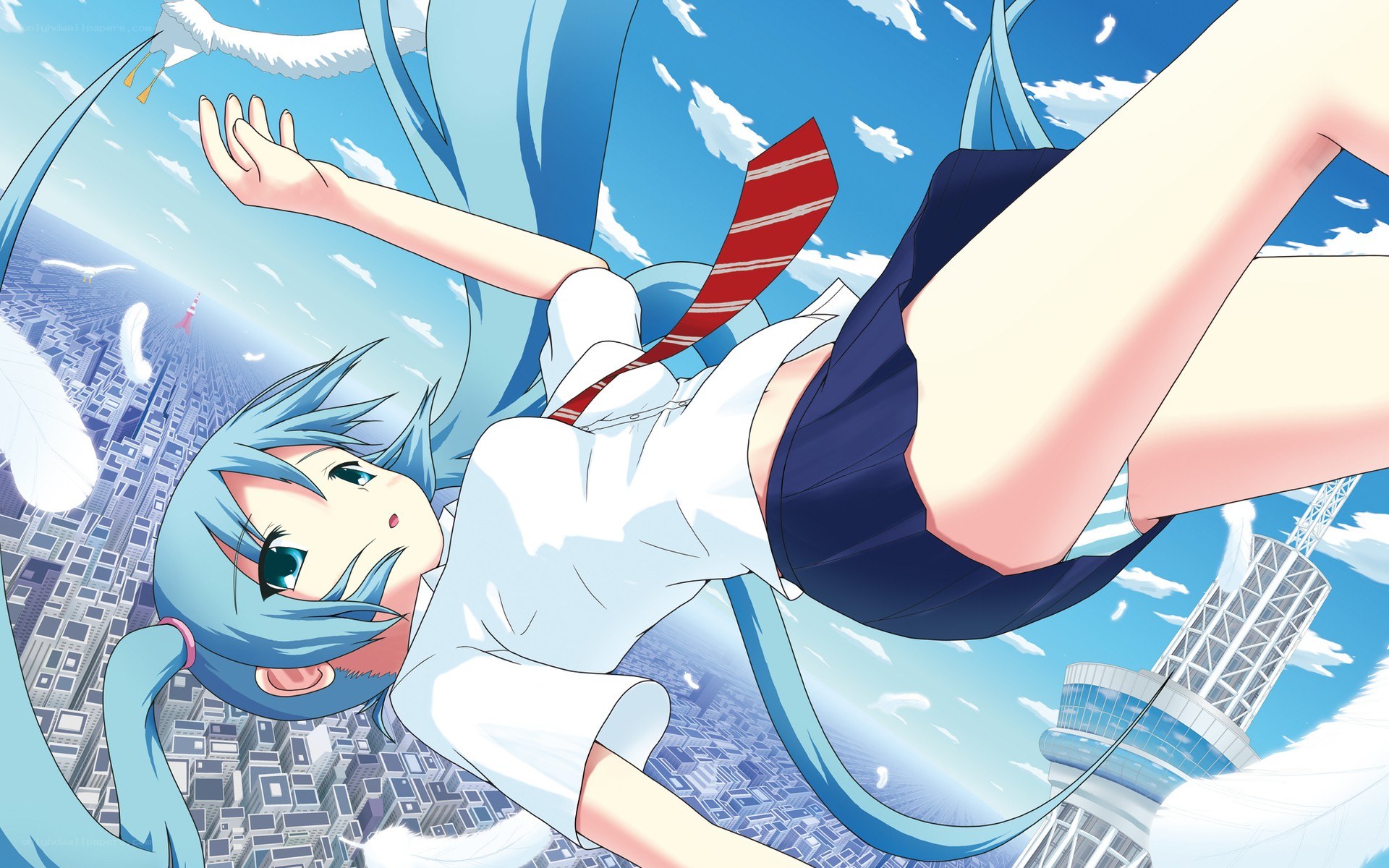 blue-haired girl falling through sky