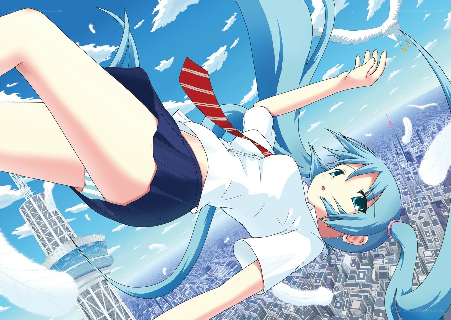Blue-haired girl falling through sky