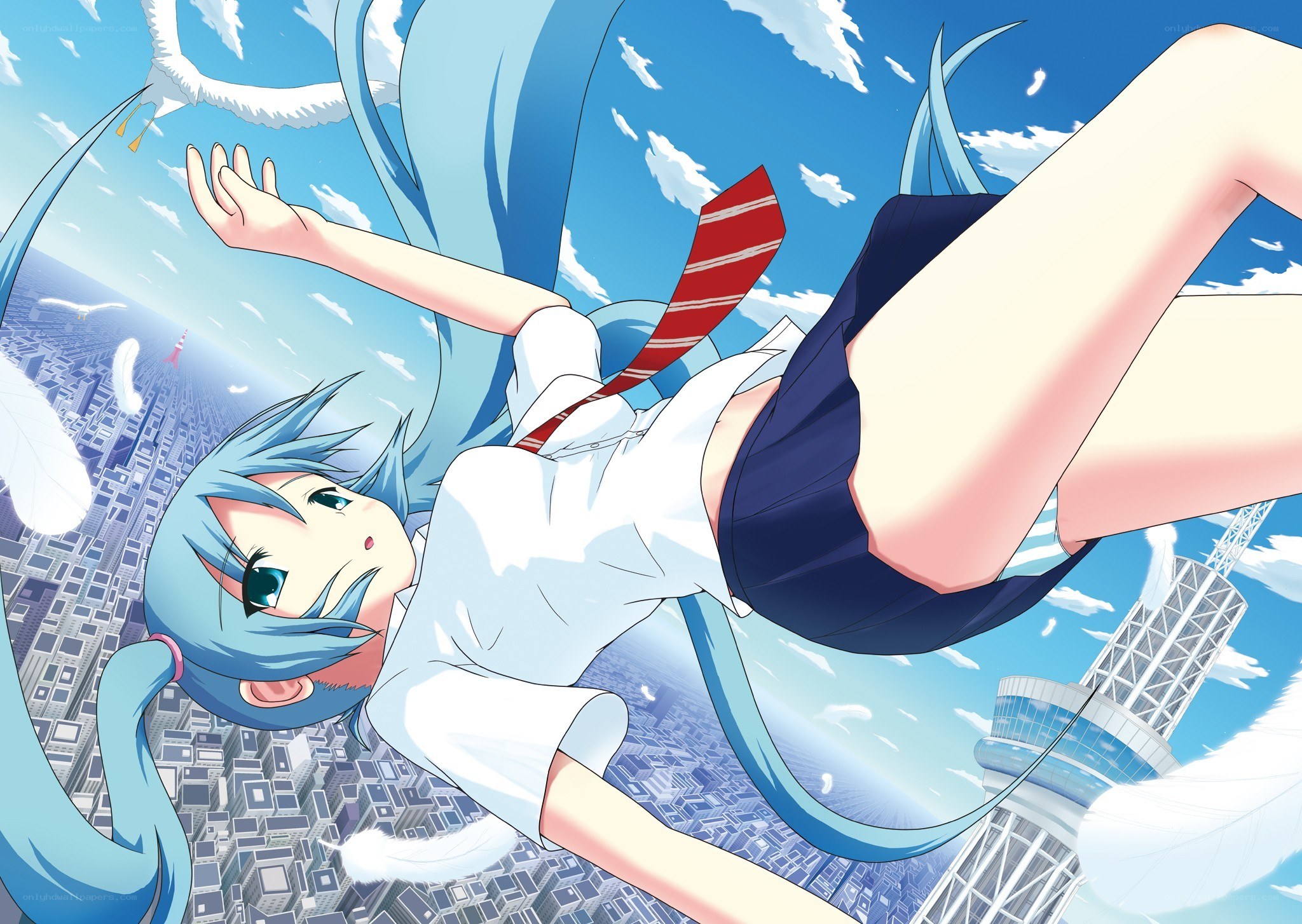 blue-haired girl falling through sky