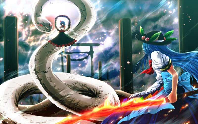 Blue-haired girl fights giant serpent