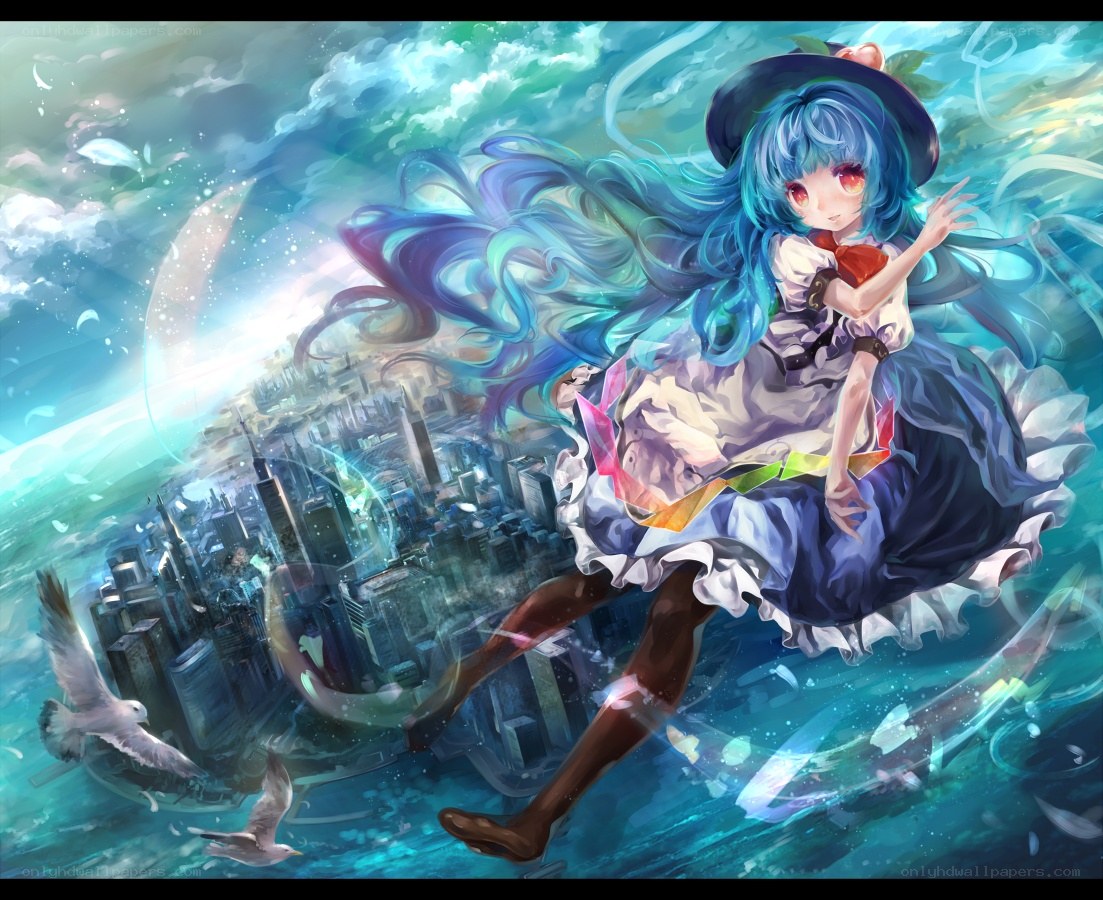 blue-haired girl floating above city