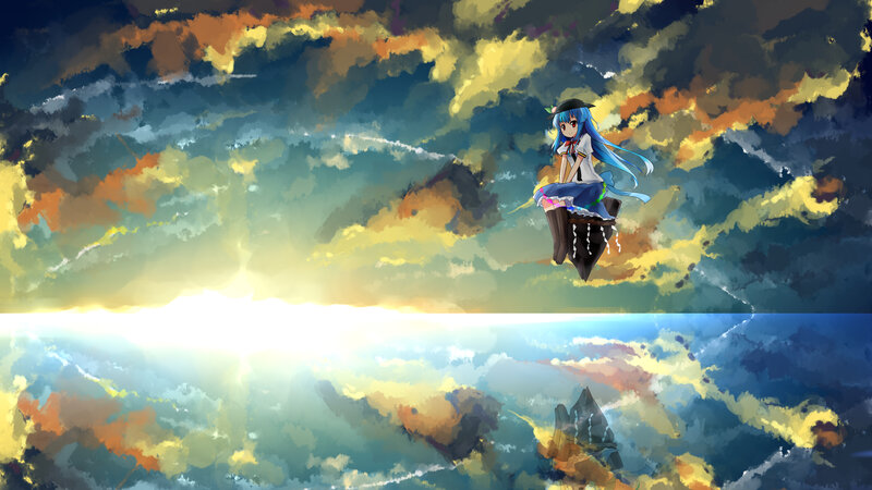 Blue-haired Girl Floating — Blue, Dramatic, Sunset