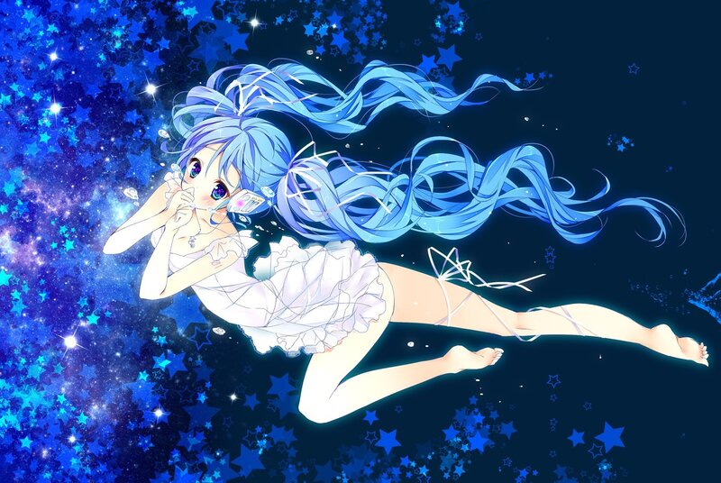 Blue-haired Girl Floating — Blue, Dreamy, Night