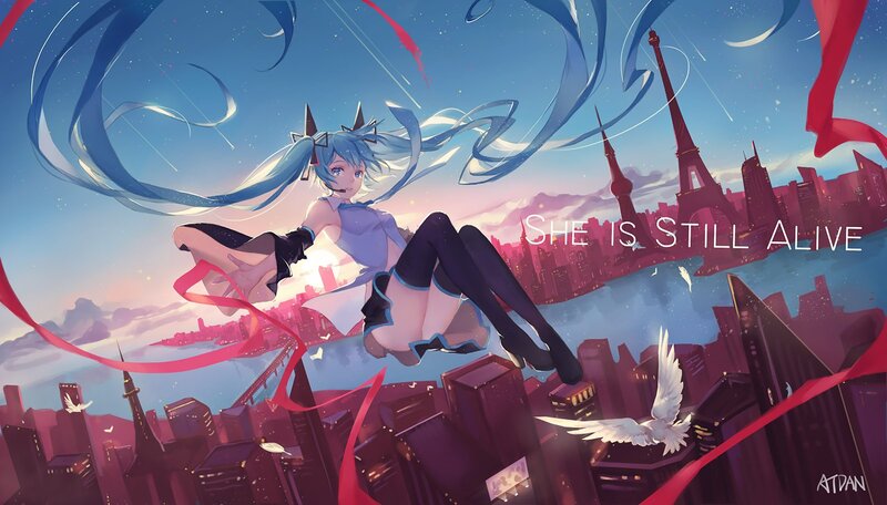 Blue-haired Girl Floating — Blue, Dreamy, Sunset