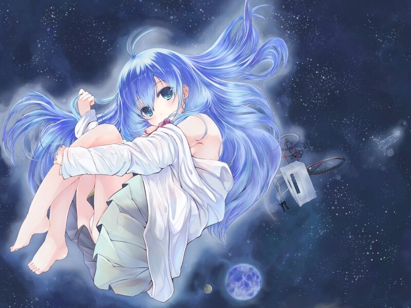 Blue-haired Girl Floating — Blue, Serene, Night, Anime, Space