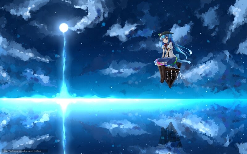 Blue-haired Girl Floating — Blue, Serene, Night, Anime