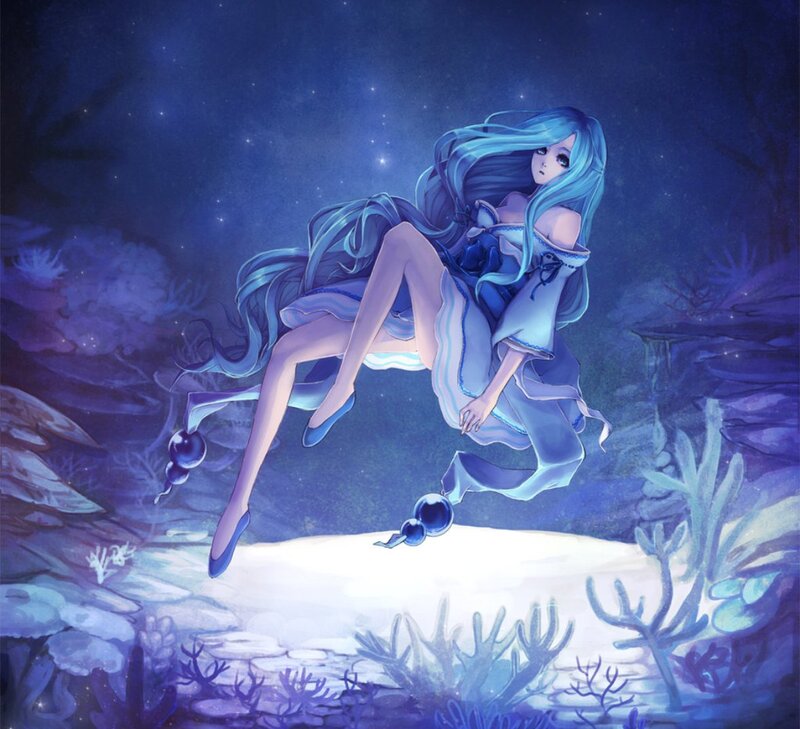 Blue-haired Girl Floating — Blue, Serene, Night, Digital Art