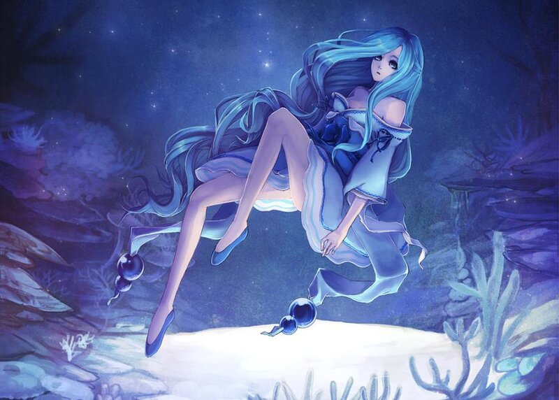 Blue-haired Girl Floating — Blue, Serene, Night