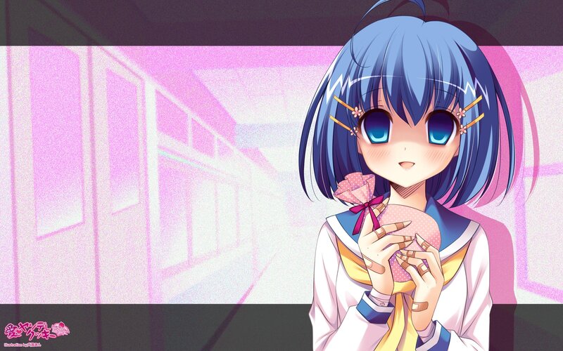 blue-haired girl holding a gift