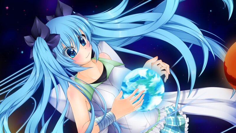 Blue-haired girl holding a planet