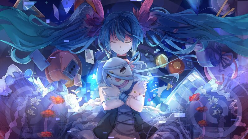 Blue-haired Girl Holding Doll — Blue, Dreamy