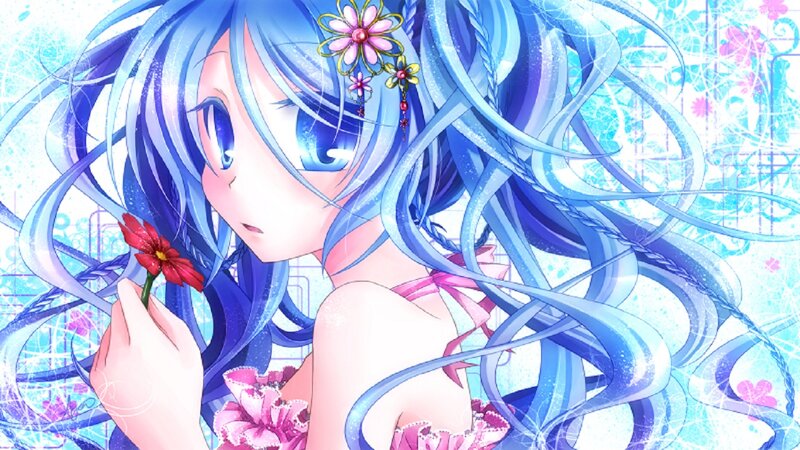 Blue-haired Girl Holding Flower — Blue, Dreamy