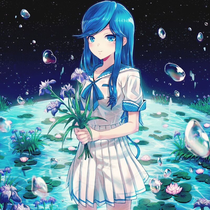 Blue-haired Girl Holding Flowers — Blue, Serene