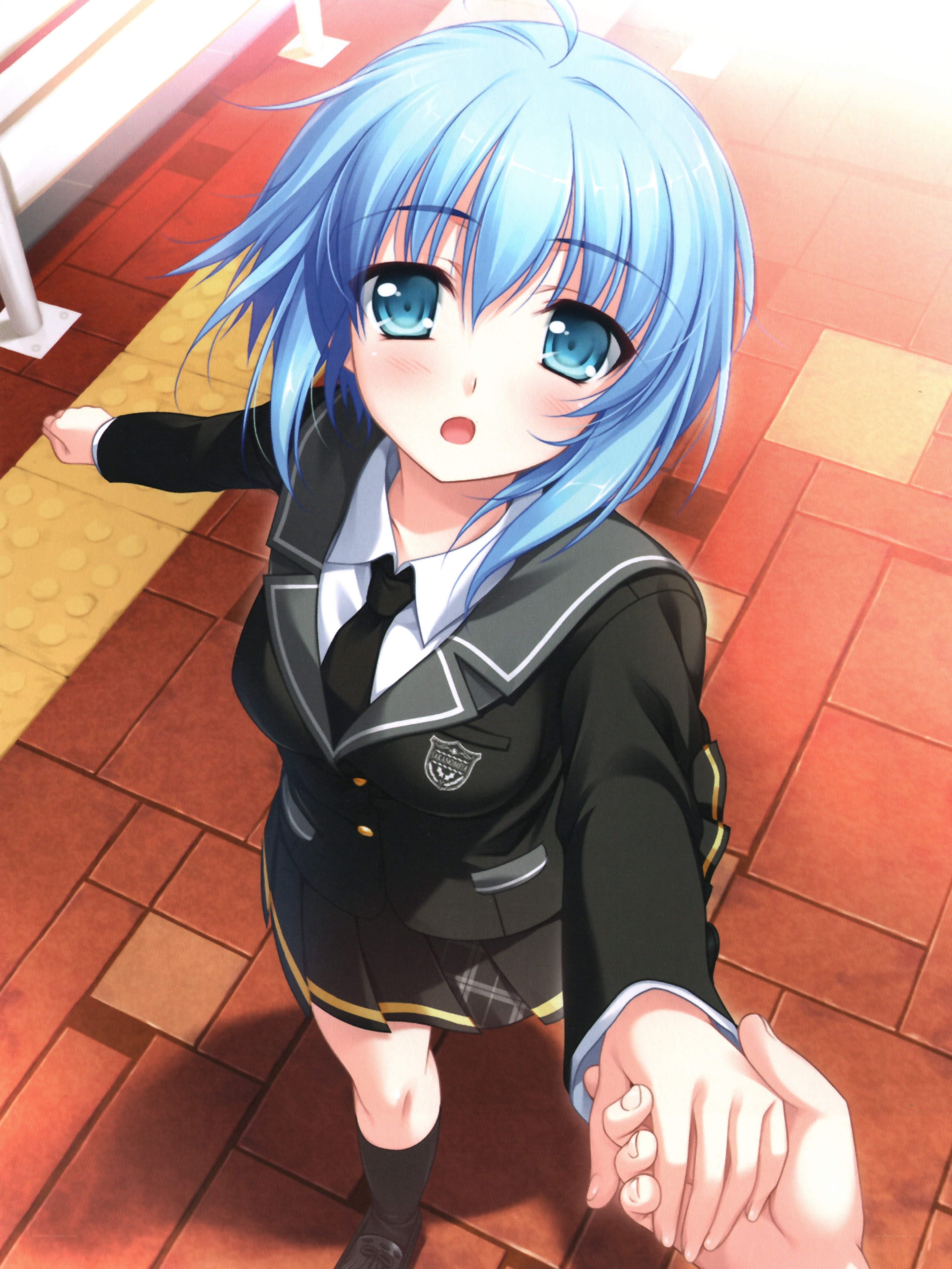 blue-haired girl holding hand