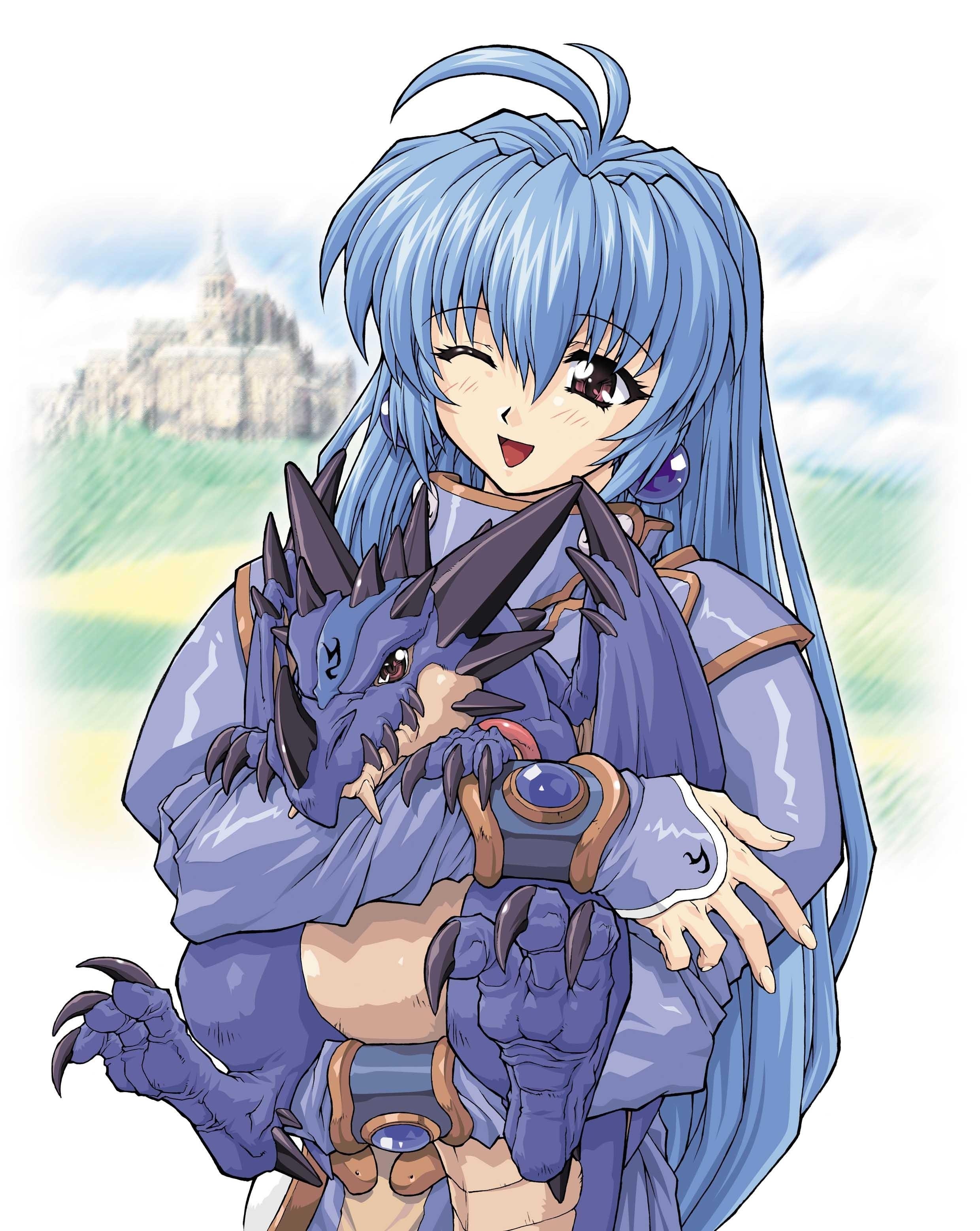 blue-haired girl hugging a dragon
