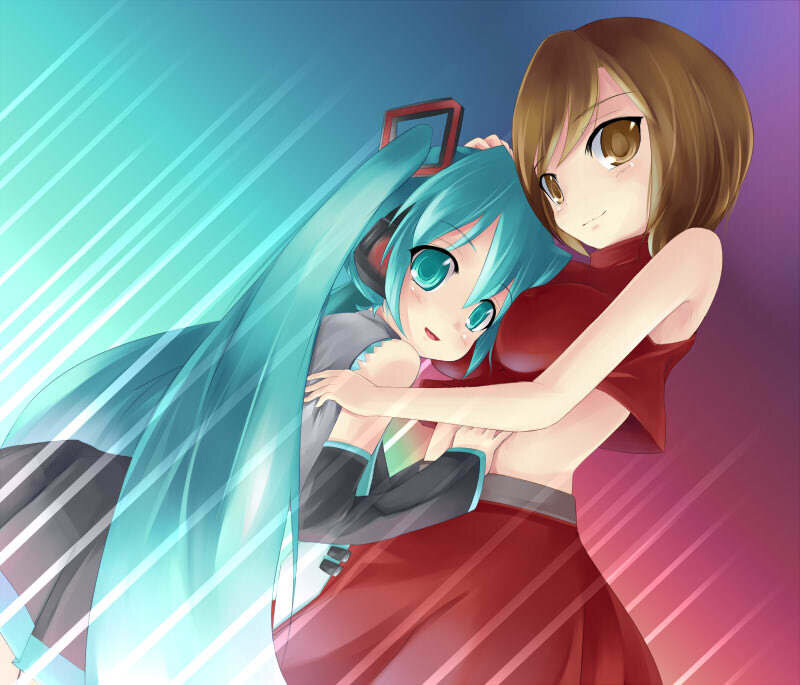 Blue-haired Girl Hugging Another — Cyan