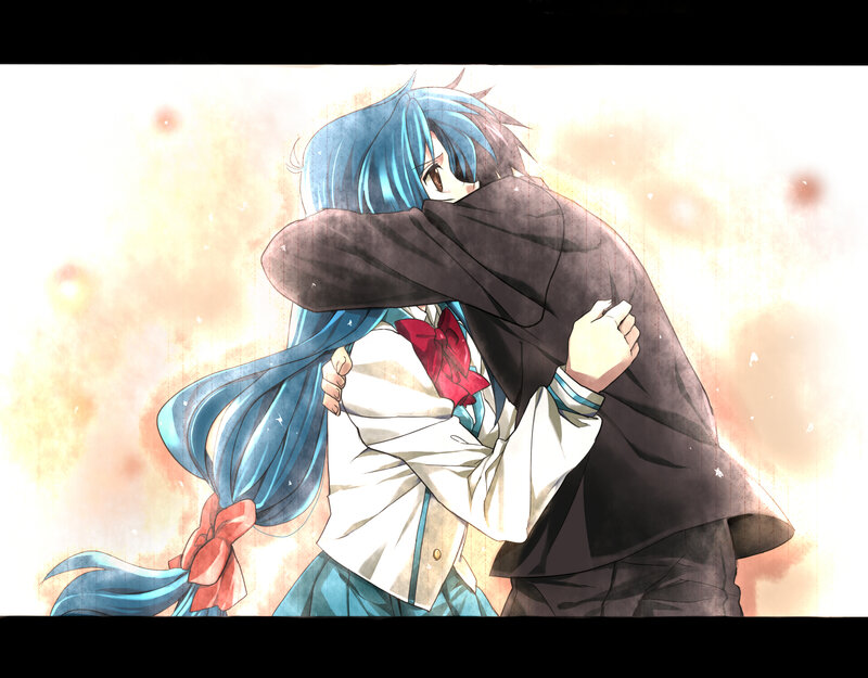 Blue-haired Girl Hugging Boy — Blue, Dramatic, Anime, Hug