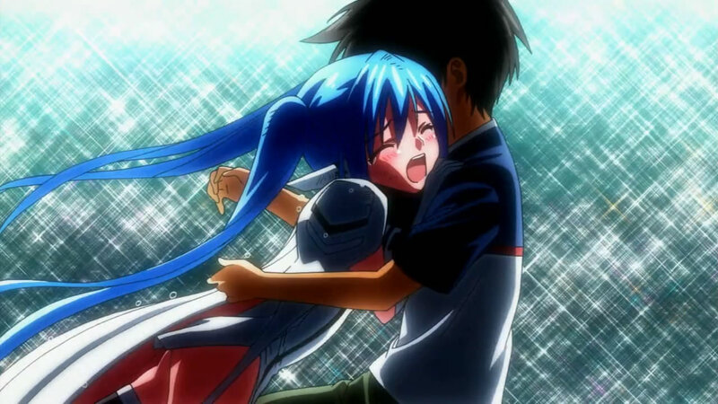 Blue-haired Girl Hugging Boy — Blue, Dramatic, Anime