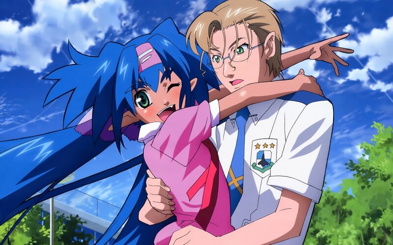 Blue-haired Girl Hugging Boy — Blue, Playful