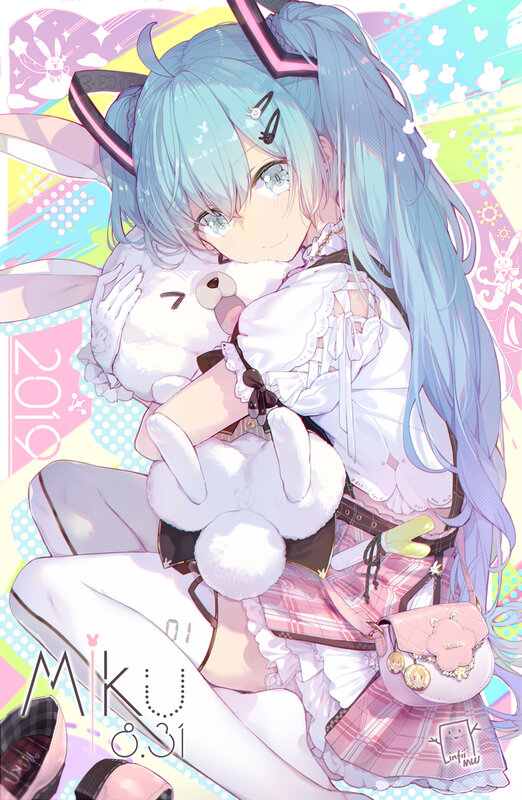 Blue-haired Girl Hugging Bunny