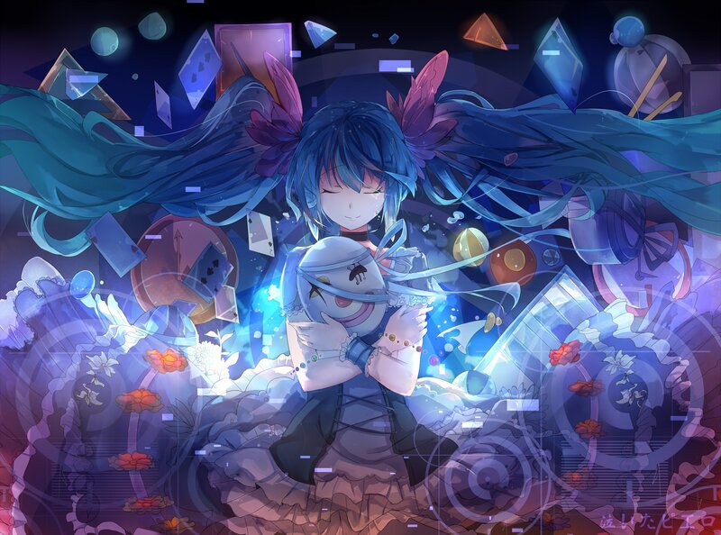 Blue-haired Girl Hugging Doll — Blue, Dreamy