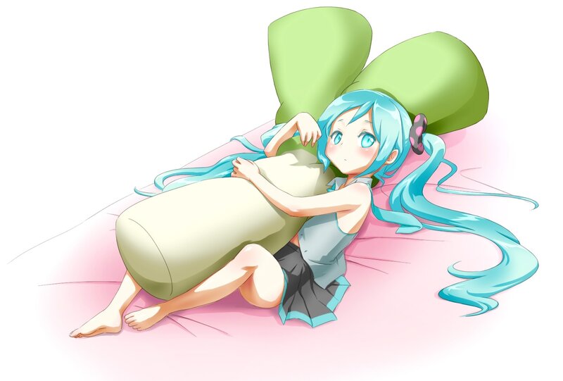 Blue-haired Girl Hugging Pillow — Cyan, Calm