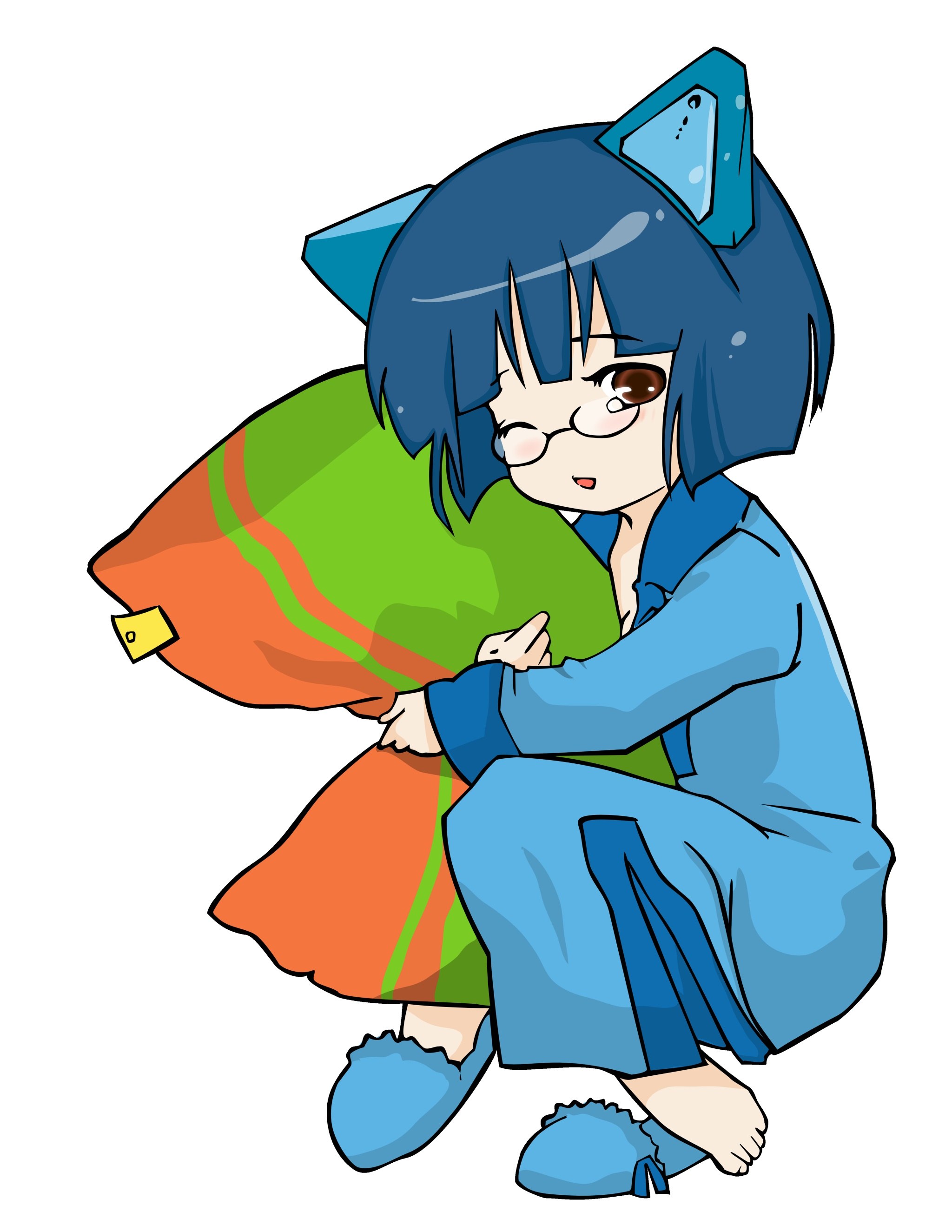 blue-haired girl hugging pillow