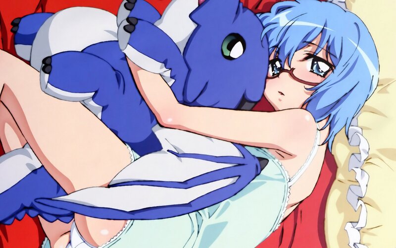 Blue-haired girl hugging plush toy