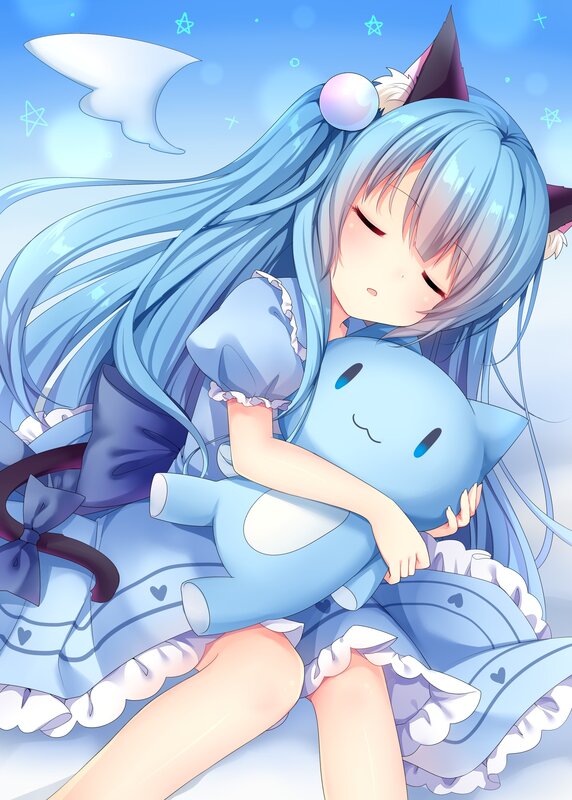 Blue-haired Girl Hugging Toy — Blue, Serene