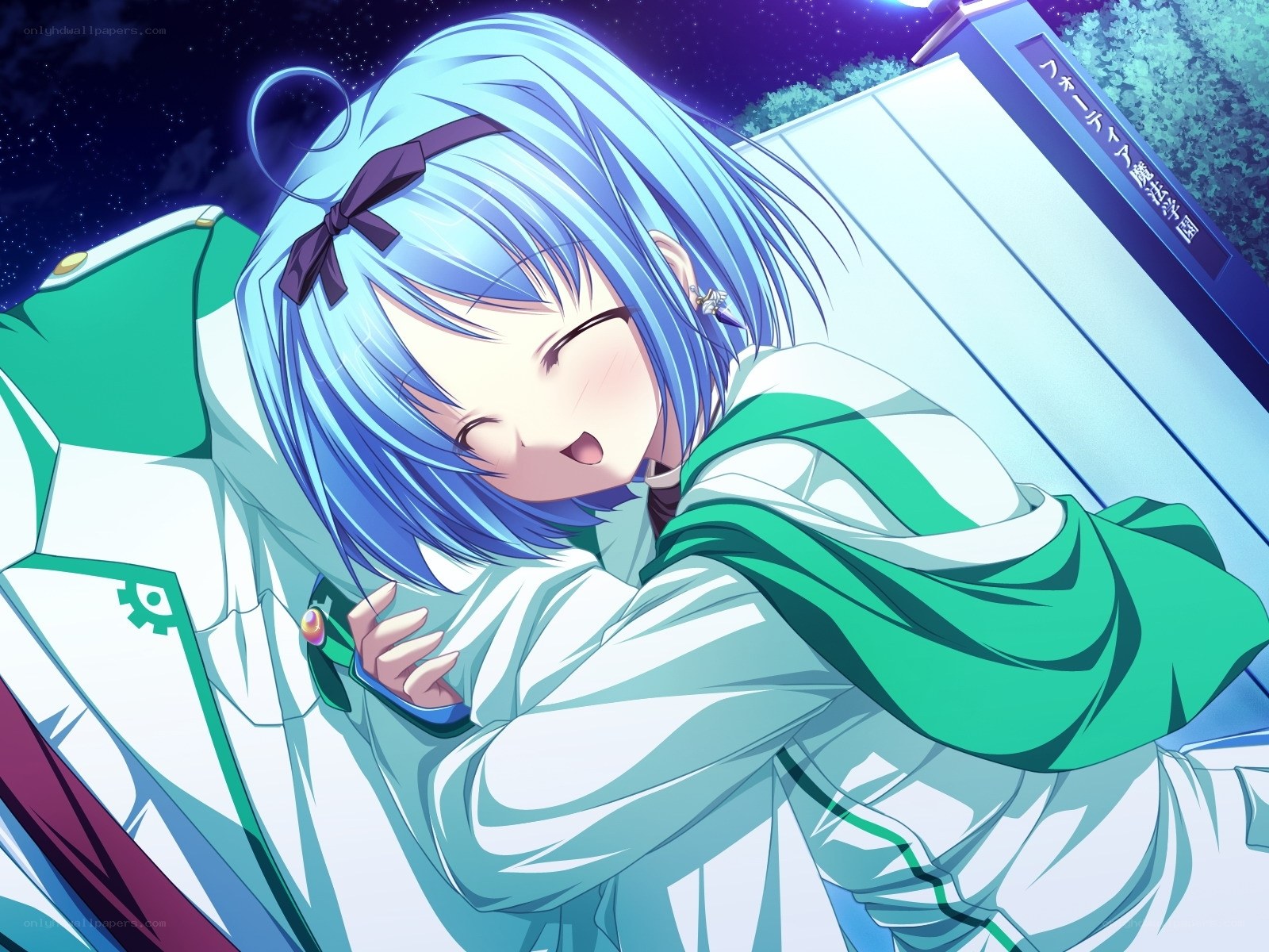 blue-haired girl hugging