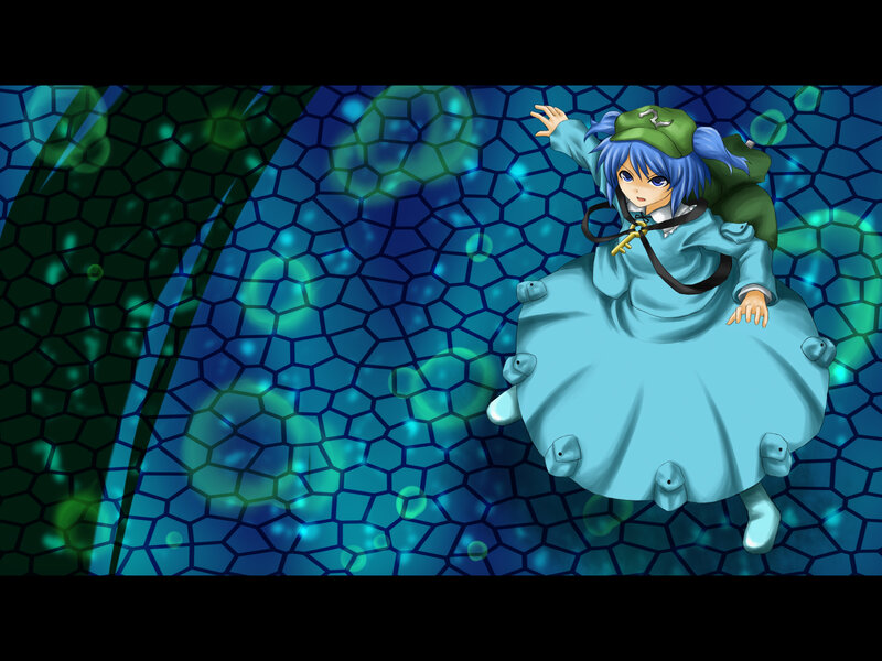 blue-haired girl in a blue dress