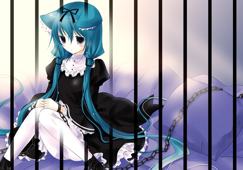 blue-haired girl in a cage
