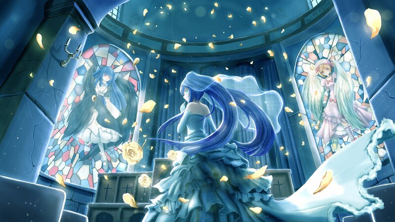 Blue-haired girl in a cathedral