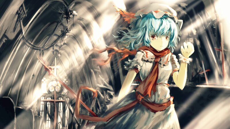 blue-haired girl in a church