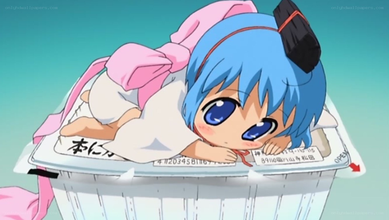 blue-haired girl in a container
