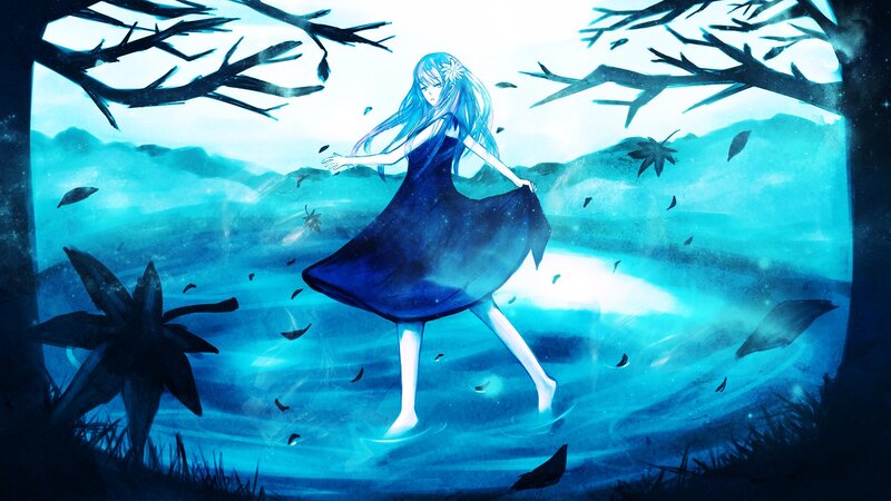 blue-haired girl in a dreamy forest