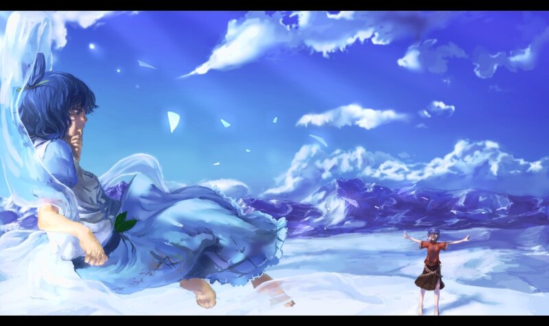 Blue-haired girl in a dreamy landscape