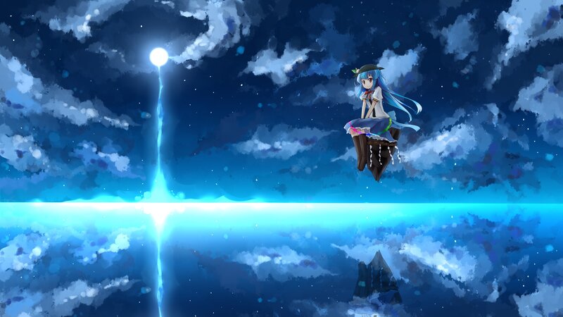 blue-haired girl in a dreamy sky