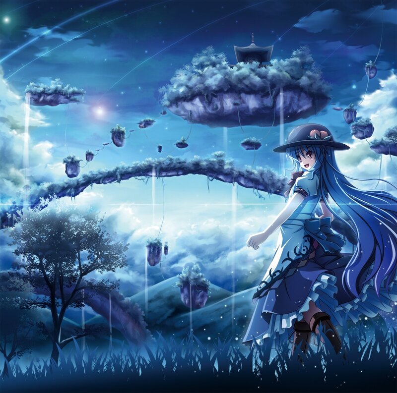 blue-haired girl in a dreamy sky