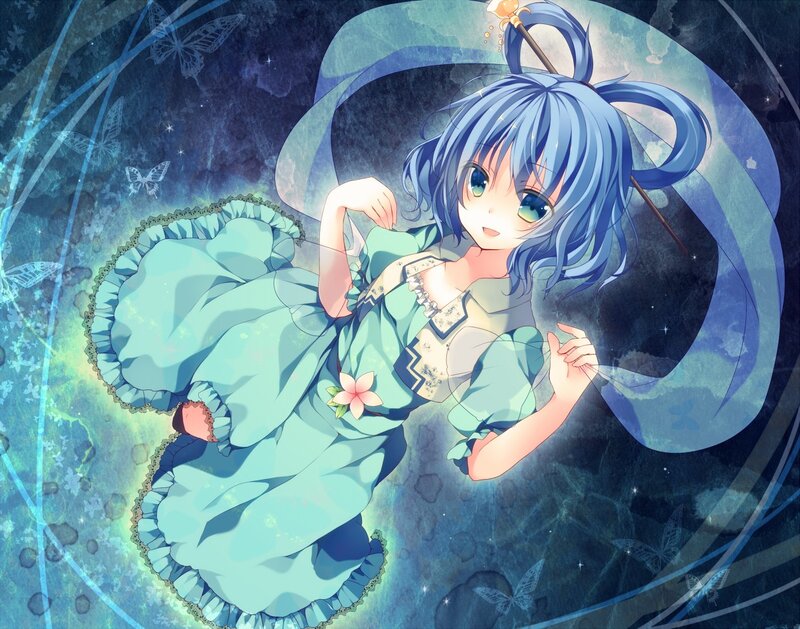 blue-haired girl in a dress